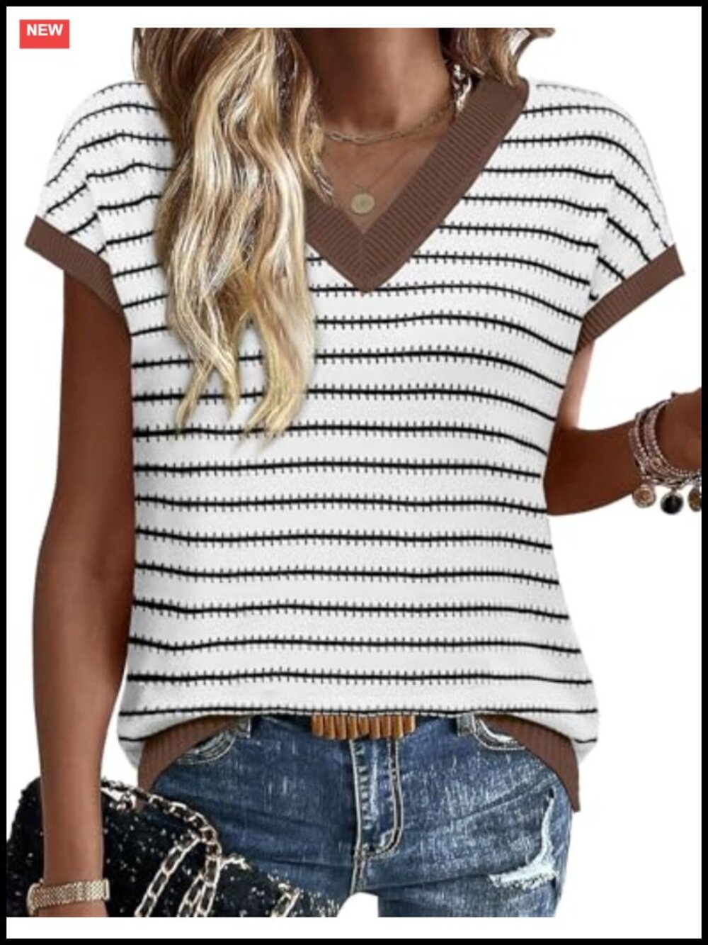 Womens V Neck Short Sleeve Knit Sweater Vest Striped Hollow Out Summer Fall